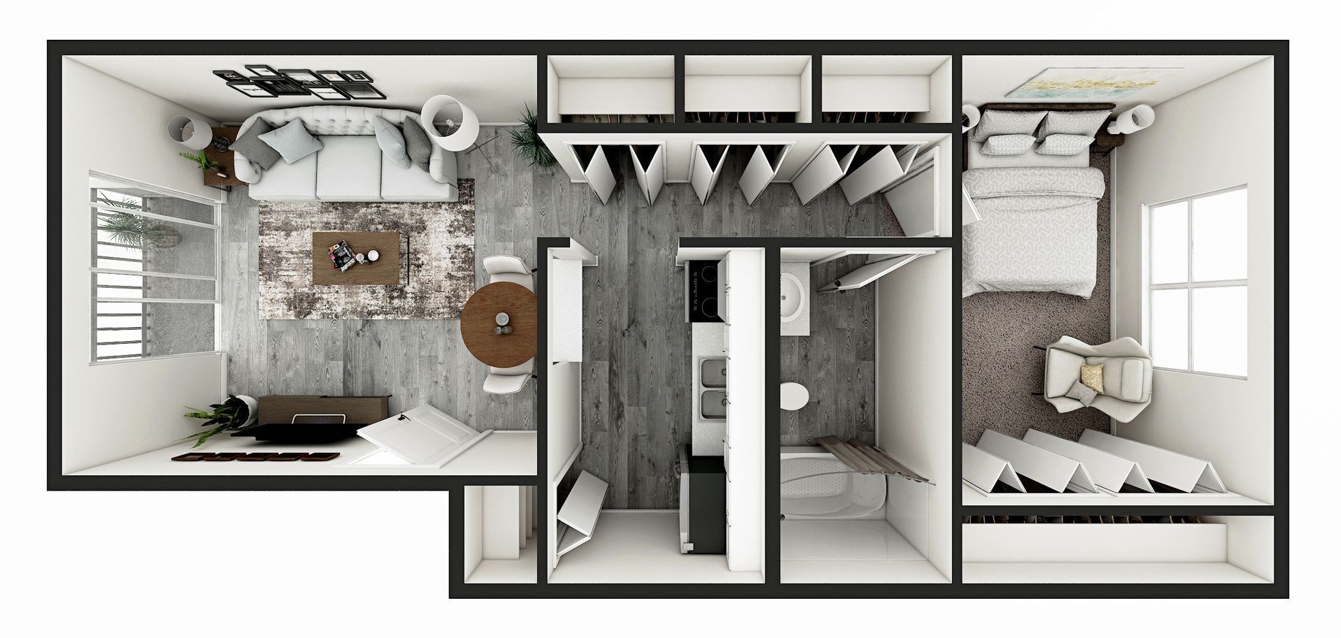 Floor plan: Modern apartment with living room, kitchen, walk-in closet, bedroom, and bathroom.