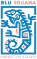 Logo per la galleria d'arte moderna Blu Iguana, raffigurante un'iguana geometrica stilizzata nei colori blu e corallo all'interno di una cornice rettangolare.