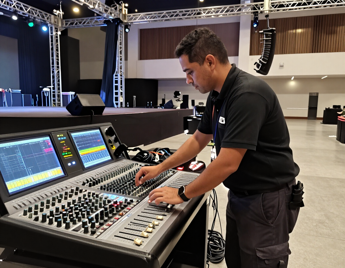 Técnico preparando consola de audio e iluminación para un evento corporativo