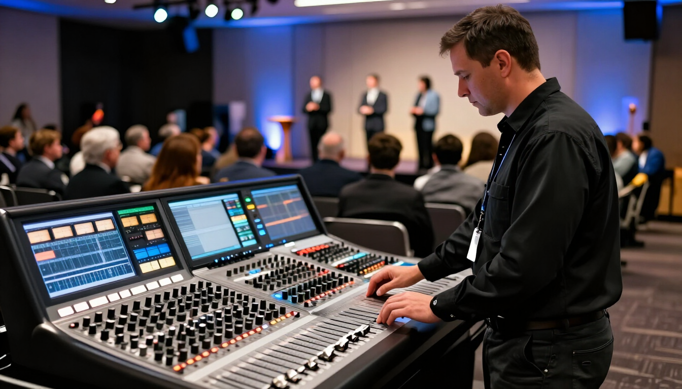 Técnico operando consola de audio durante un evento