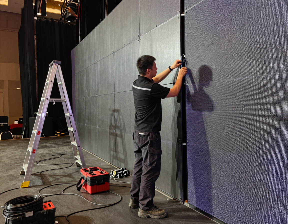 Técnico instalando una pantalla LED para un evento
