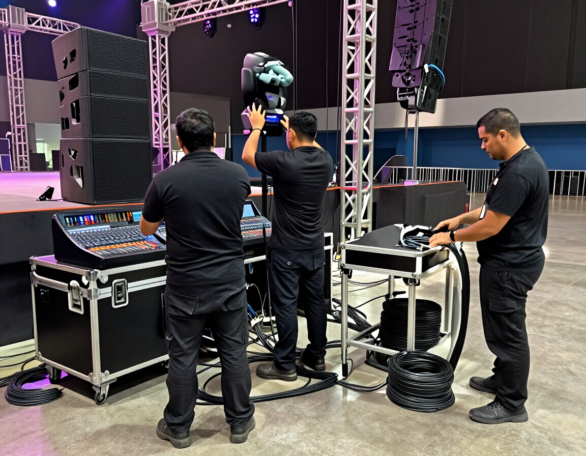 Equipo técnico preparando iluminación y audio para un evento