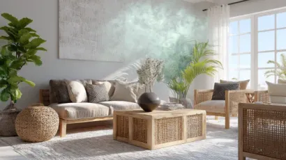 Living room with neutral tones, natural light, and rattan furniture.