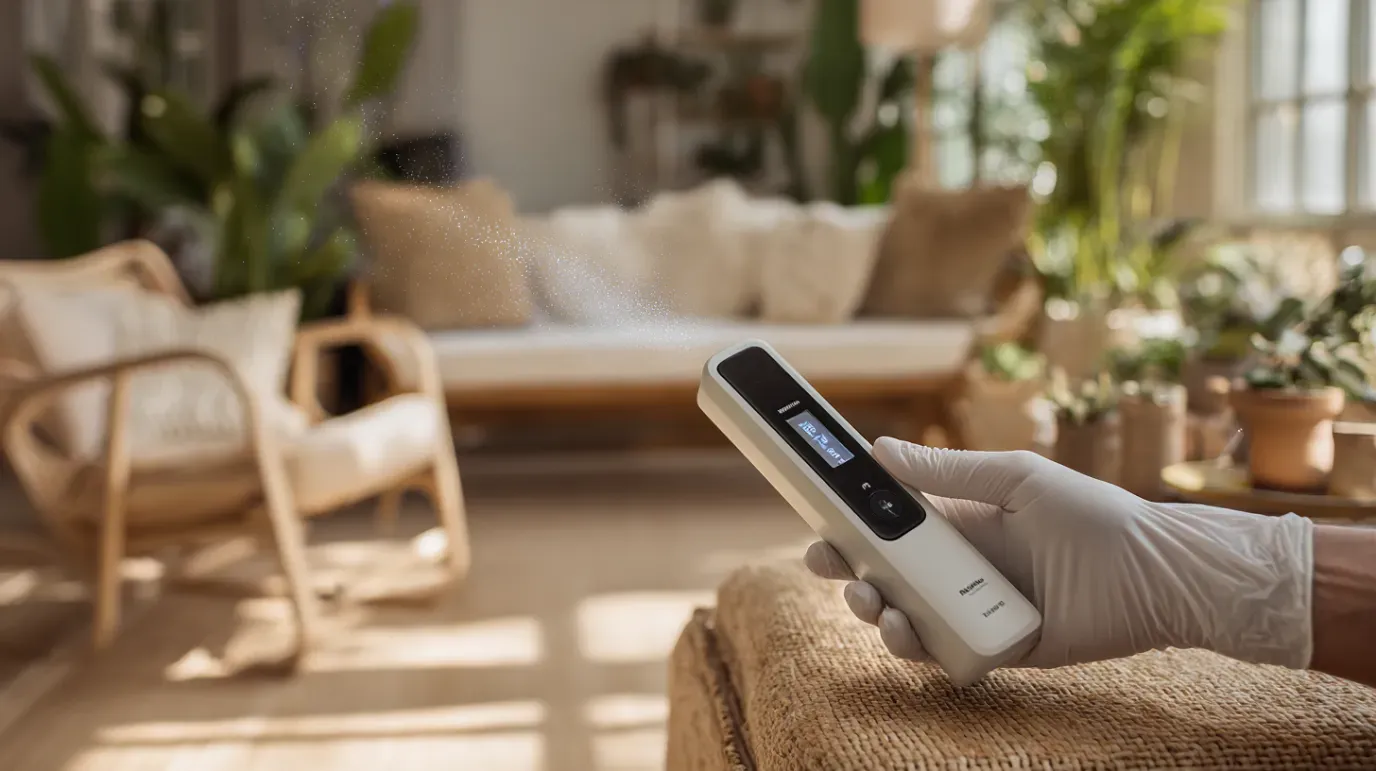 Person in gloves holding a white device, likely a meter, in a bright living room setting.