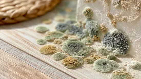 Close-up of bread covered in green, blue, and yellow mold on a wooden surface.