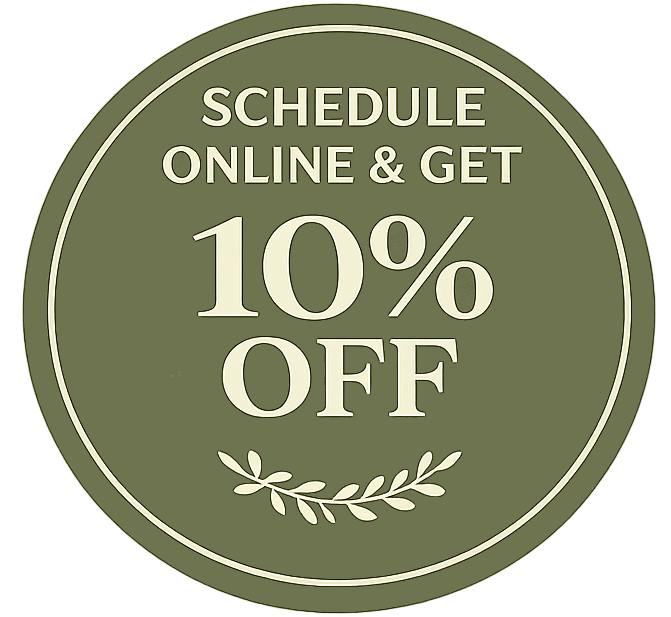 Olive-green badge: “Schedule online & get 10% off” with white text and leaf decoration