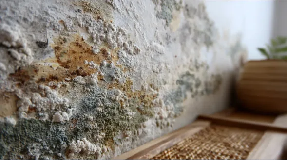 Moldy wall with patches of brown, green, and white. Wooden shelf in foreground, plant visible.