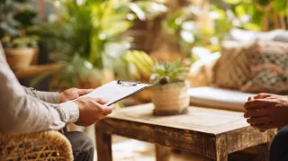 Person with clipboard interviewing another in a room with plants and a wooden table.