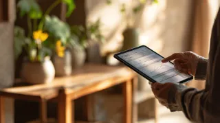 Person holding a tablet, tapping the screen. Interior shot with plants and wooden furniture in the background.