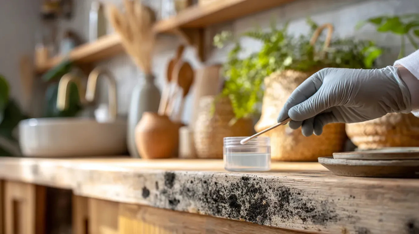 Person in gloves taking sample from moldy countertop in a kitchen.