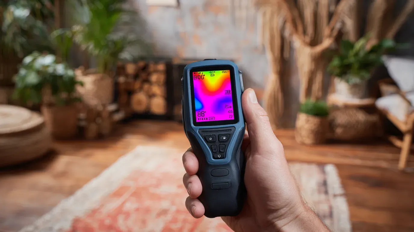Person holding a thermal imaging camera, viewing heat signatures in a room.