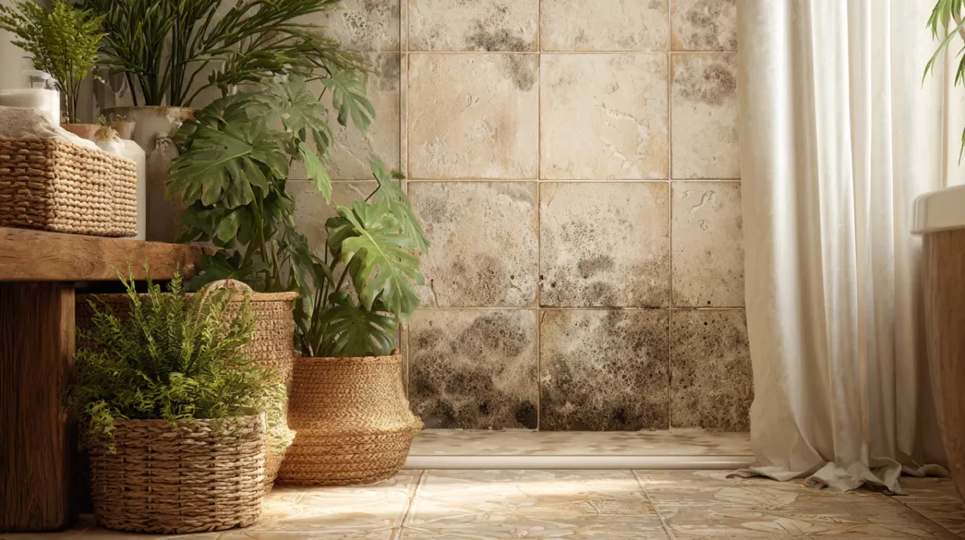 Bathroom with potted plants, rustic tile walls with mold, and woven baskets.