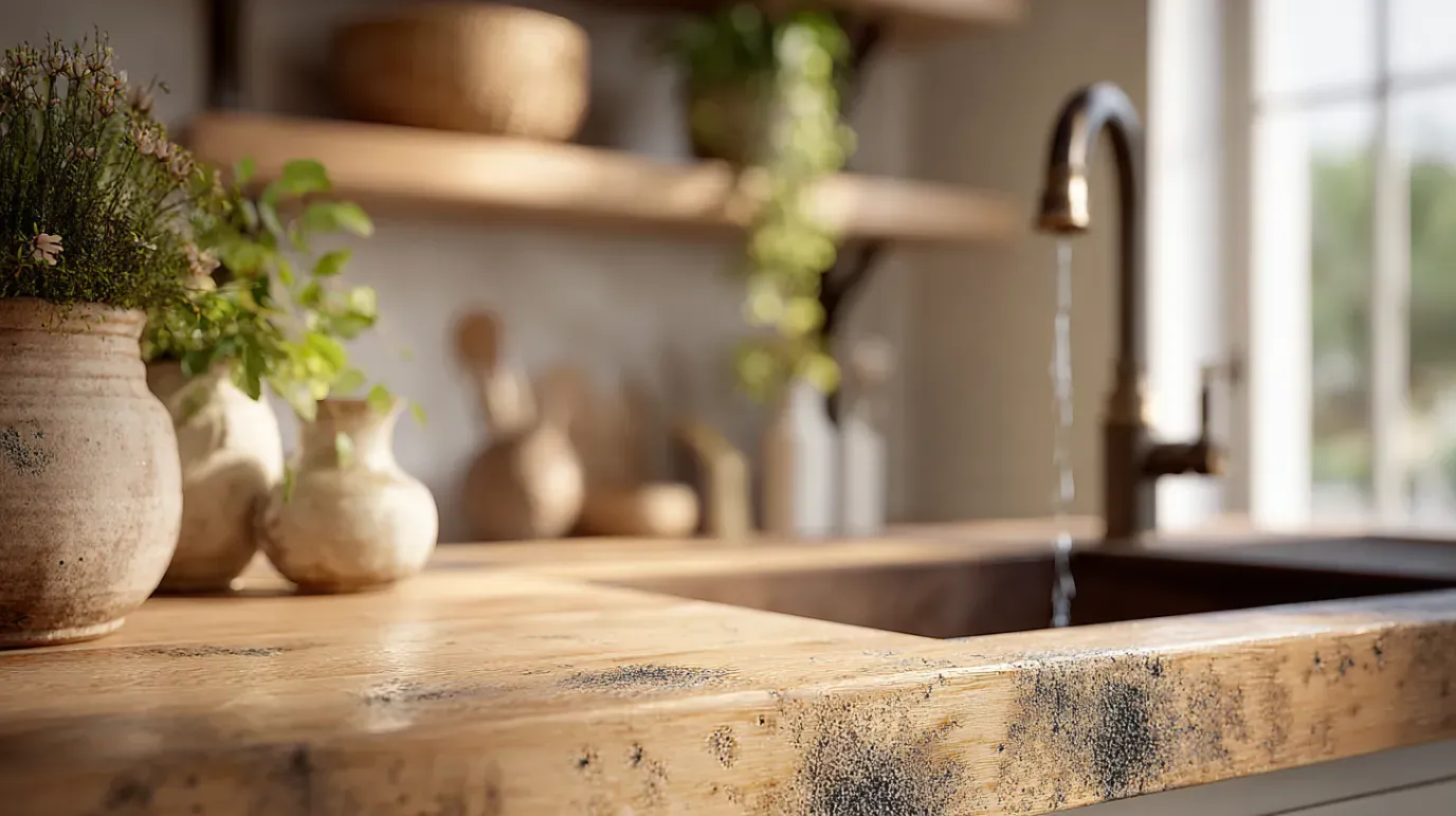 Rustic kitchen sink with running water, wood countertops, and decorative plants.