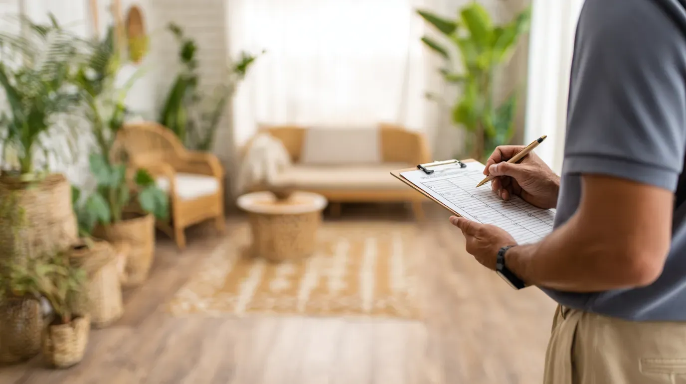 Person writing on a clipboard, surveying a living room with wicker furniture and plants.