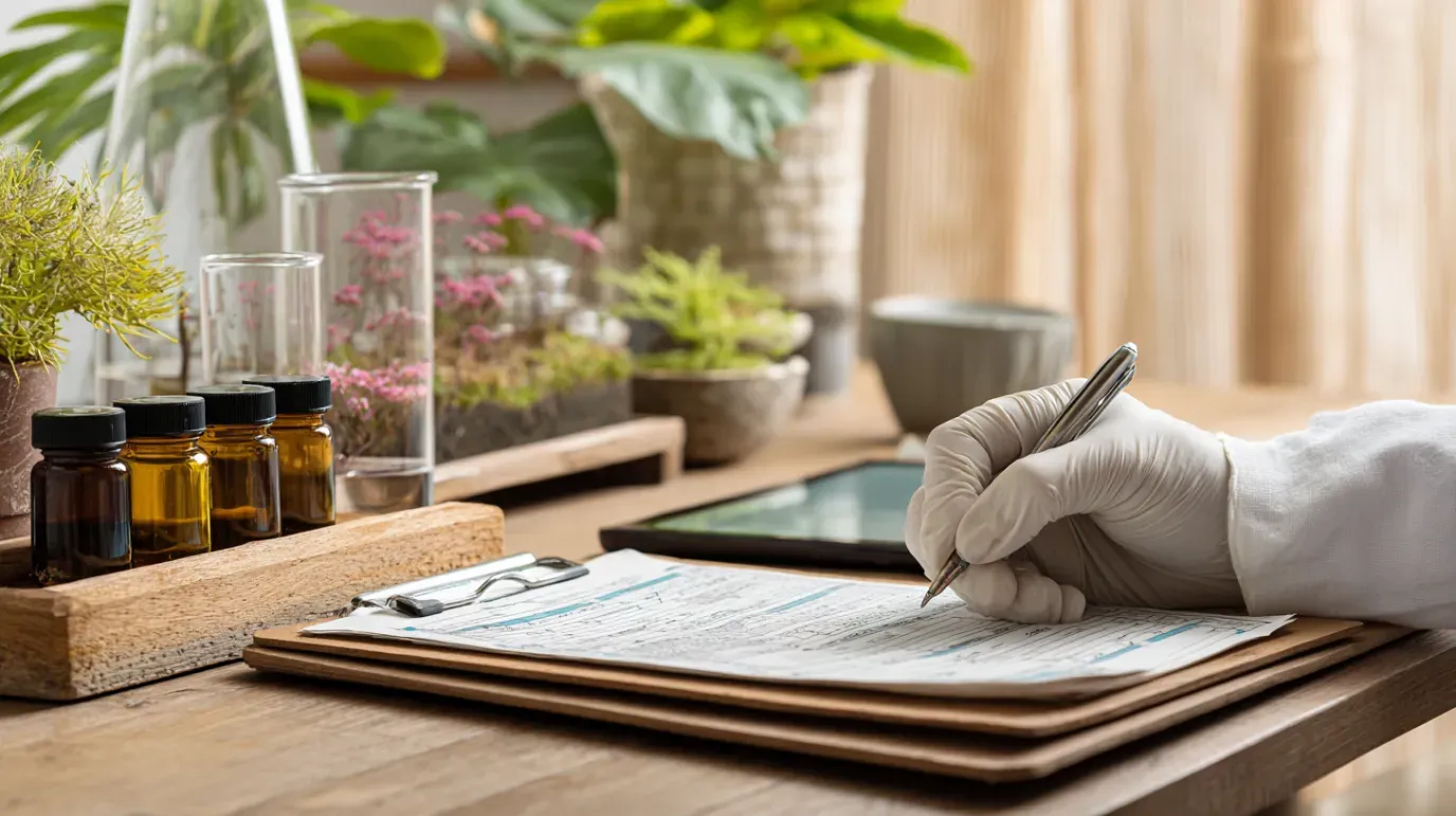 Person in lab coat writing on a clipboard, surrounded by vials, plants, and scientific equipment.