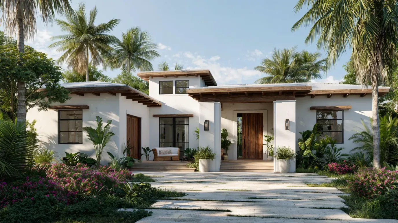 White stucco house with wood accents, tropical landscaping, and a bright blue sky.