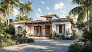 Tropical house with white stucco, wooden door, and lush greenery.
