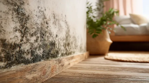 Mold growing on a wall and baseboard in a room with a plant and bed.