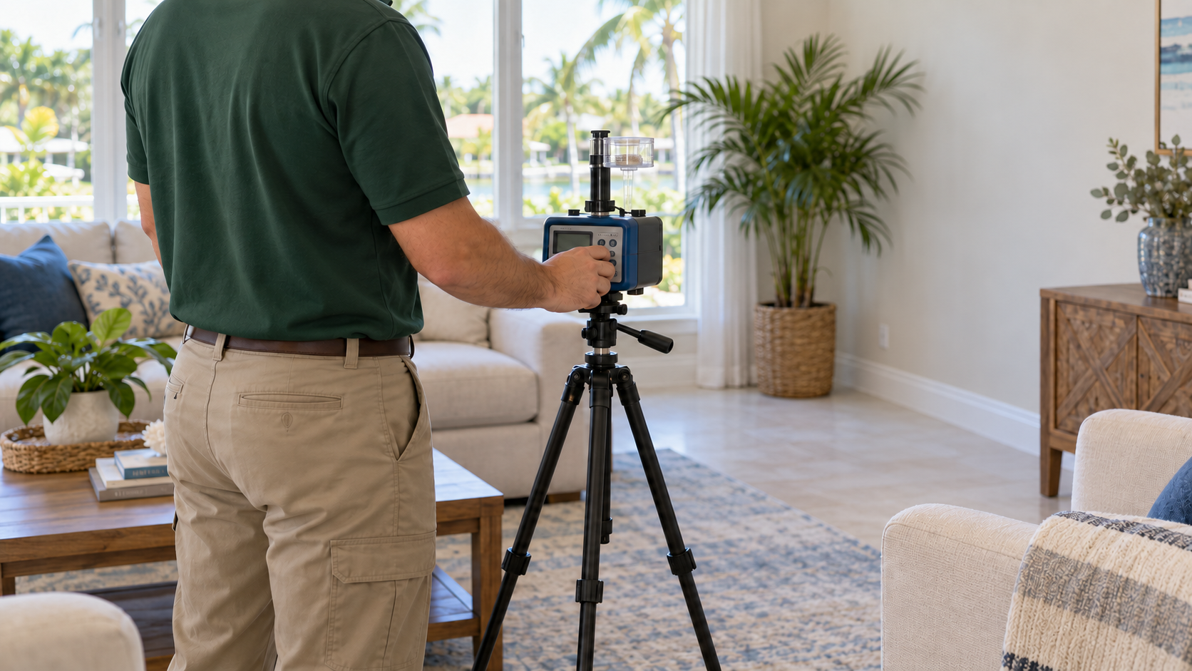Inspector conducting airborne mold testing in a South Florida home.