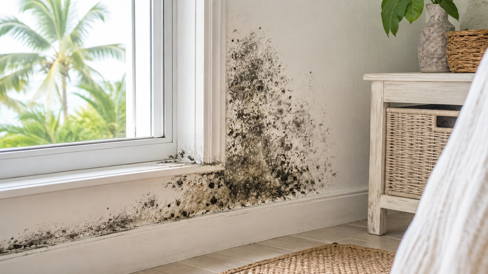 Black mold near a South Florida window interior