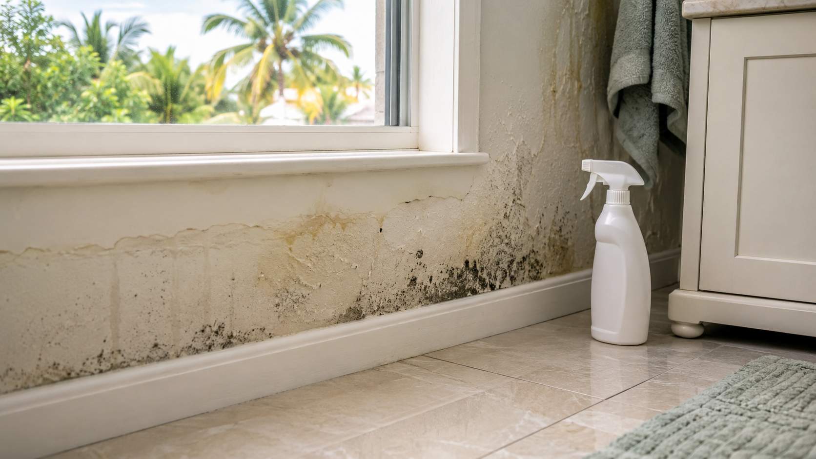 Mold and water damage beside a cleaning spray bottle