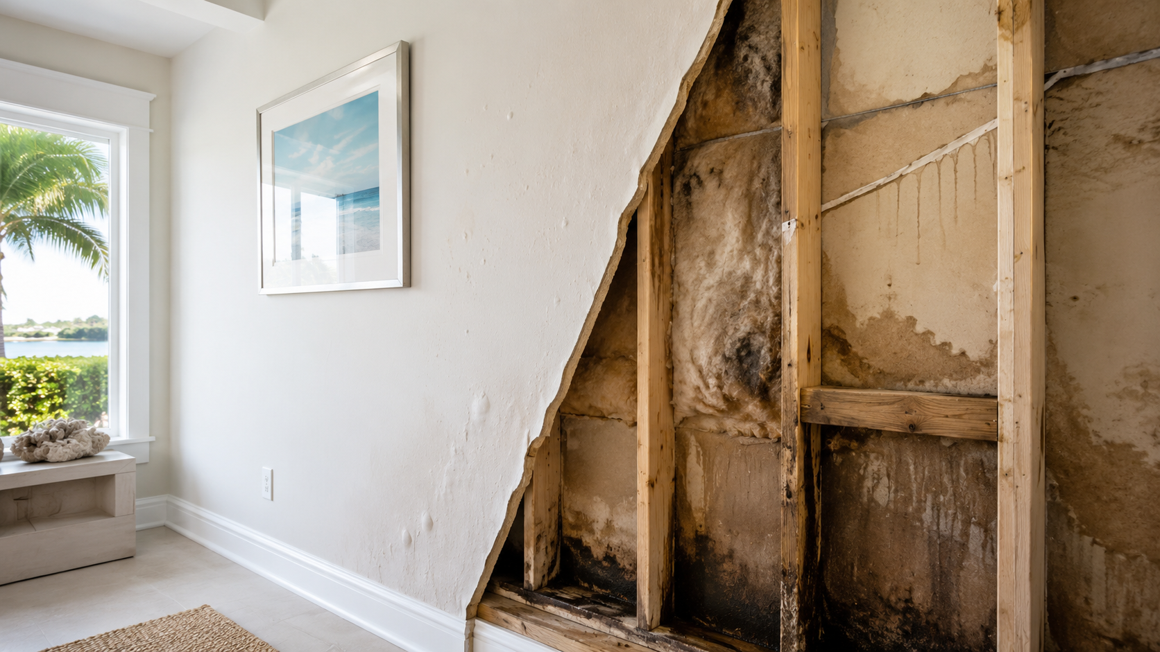 Hidden water damage behind an interior wall in a South Florida home