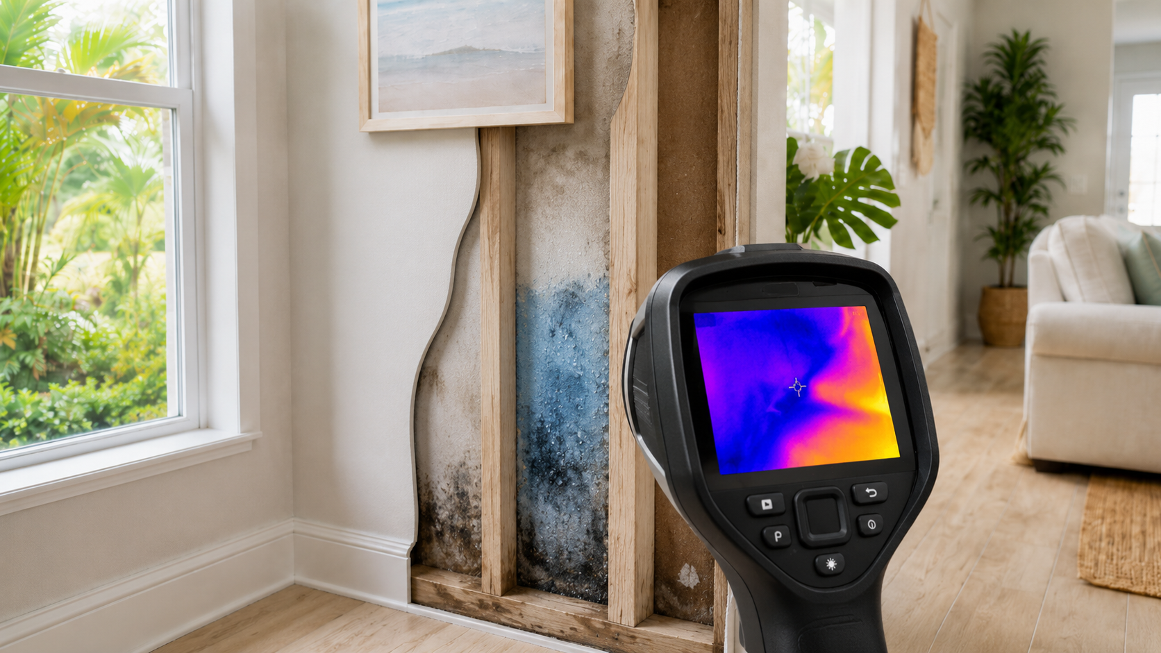 Thermal camera detecting hidden moisture behind a wall
