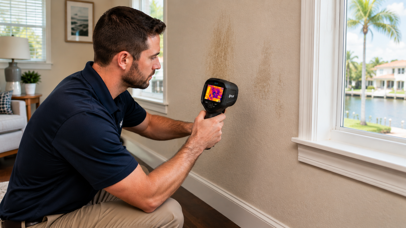South Florida mold inspector using a thermal imaging camera to identify hidden moisture inside a res