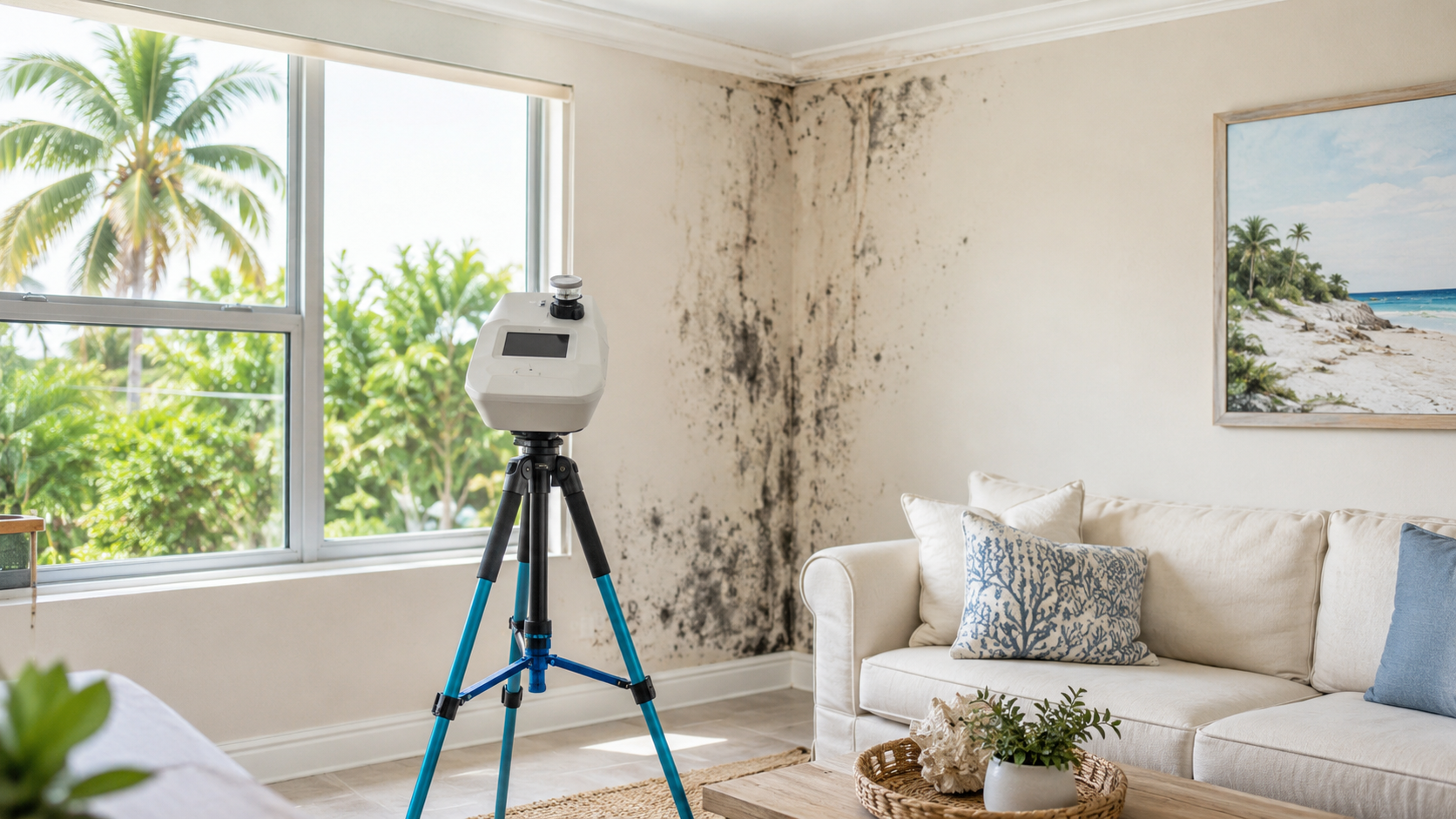 Air sampling device in South Florida home with visible black mold