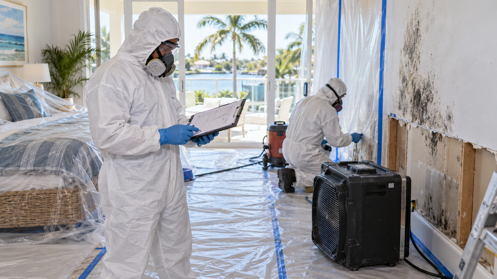 Mold remediation crew in protective suits working inside a South Florida home