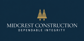Midcrest Construction logo with gold twin trees and tagline “Dependable Integrity” on a dark blue background