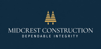 Midcrest Construction logo with gold tree icon and the tagline “Dependable Integrity” on a dark blue background
