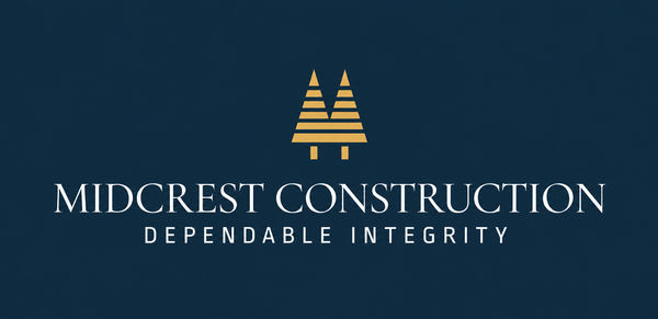 Midcrest Construction logo with gold pine trees and “Dependable Integrity” on a dark blue background