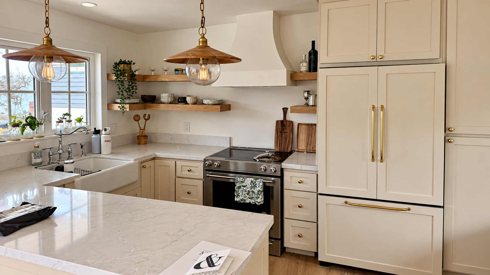 Bright modern kitchen with white cabinets, marble island, brass pendant lights, and black stove.