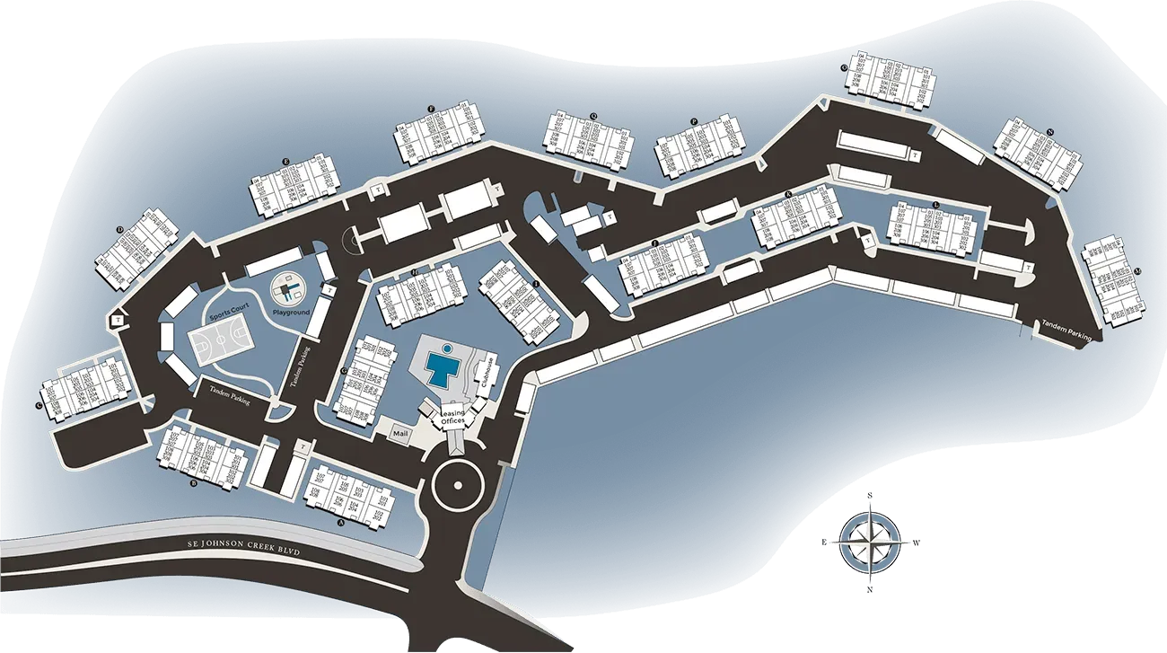 Floor plan of a resort complex with multiple buildings, pools, and a circular drive.