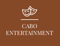 A logo for cabo entertainment with two comedy masks on a brown background.