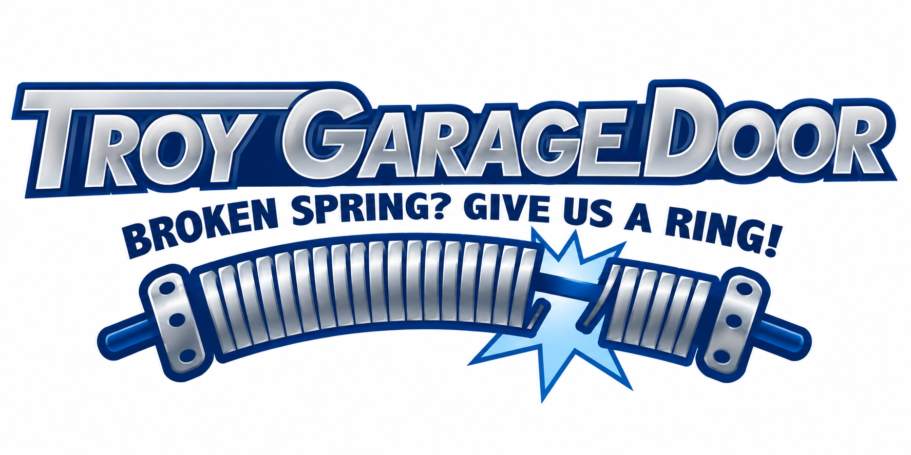 Troy Garage Door logo with a blue broken spring and the slogan &ldquo;Broken Spring? Give Us a Ring!&rdquo;