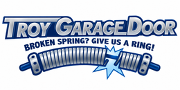 Troy Garage Door logo with a blue broken spring and the slogan “Broken Spring? Give Us a Ring!”