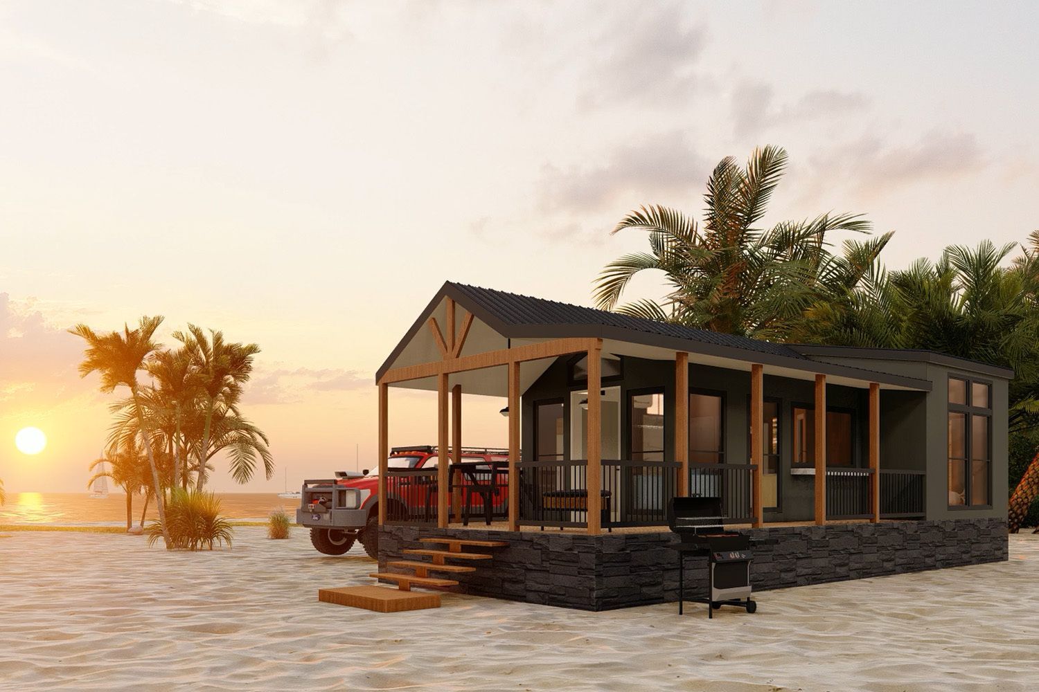 Beachside cabin with steps, a vintage red truck, and a grill, at sunset.