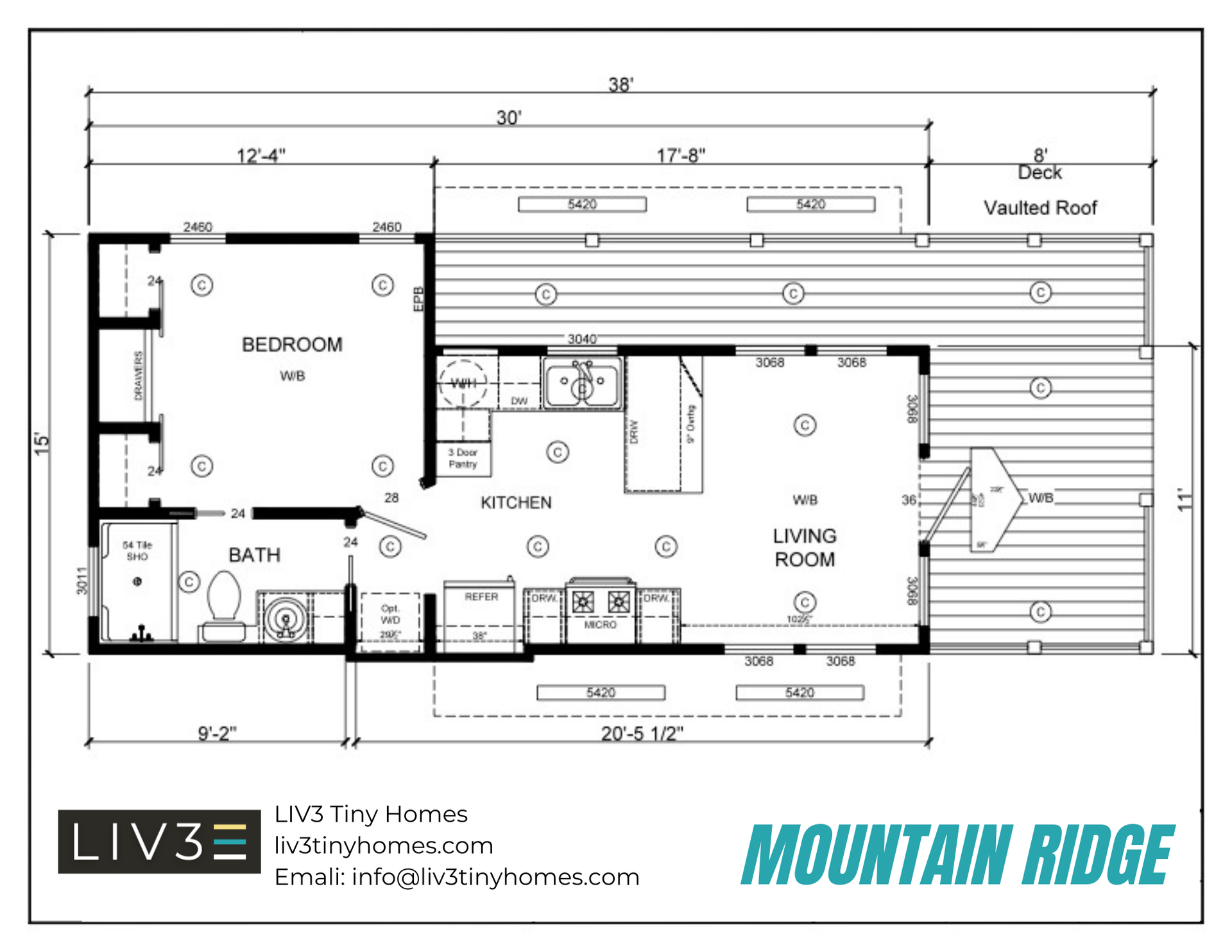 Floor plan of a tiny home, titled "Mountain Ridge," with a bedroom, bathroom, kitchen, and living room, with a large deck.