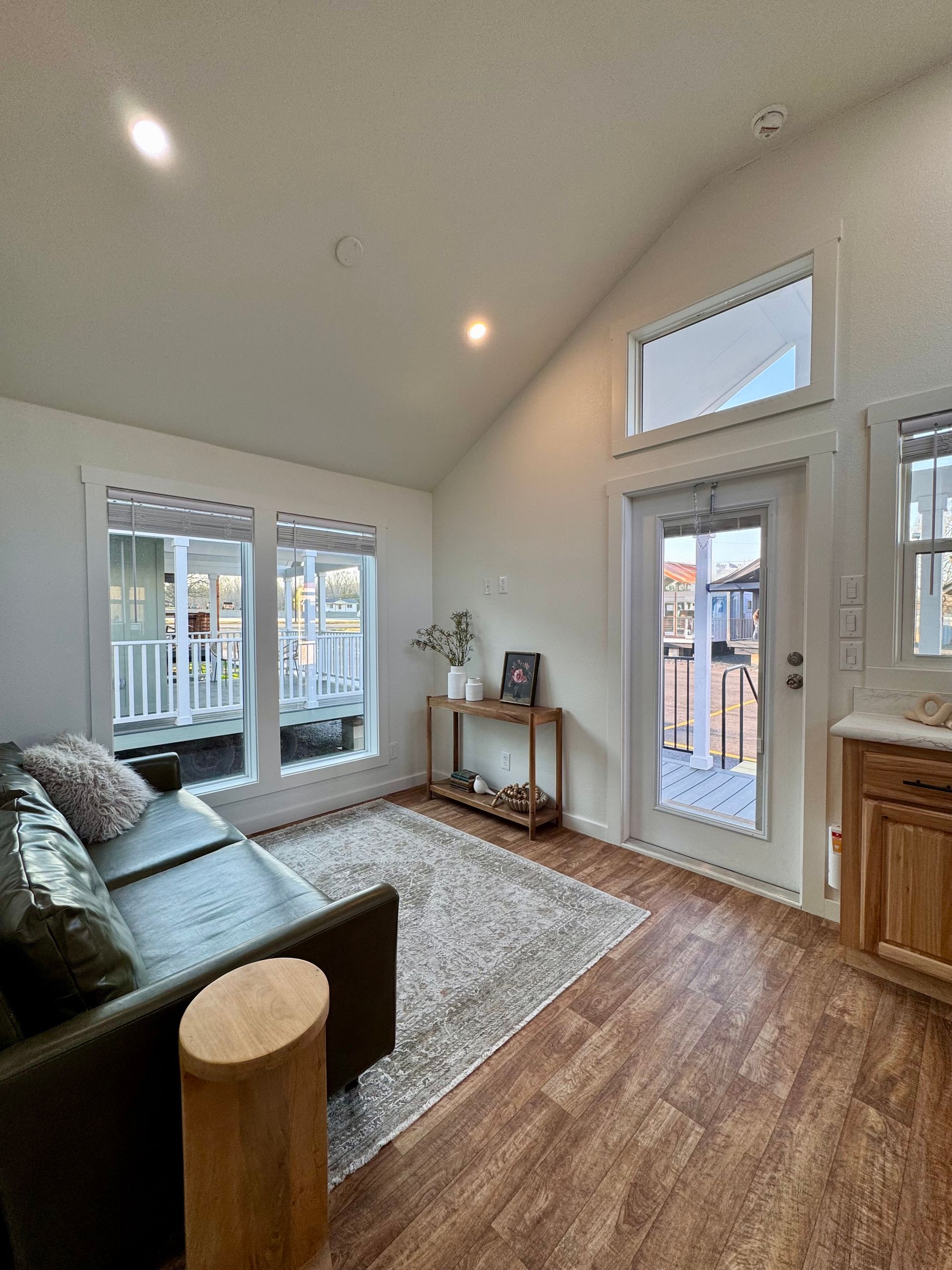 A living room with light wood floors, a dark couch, a patterned rug, a console table, and glass doors leading to a porch.