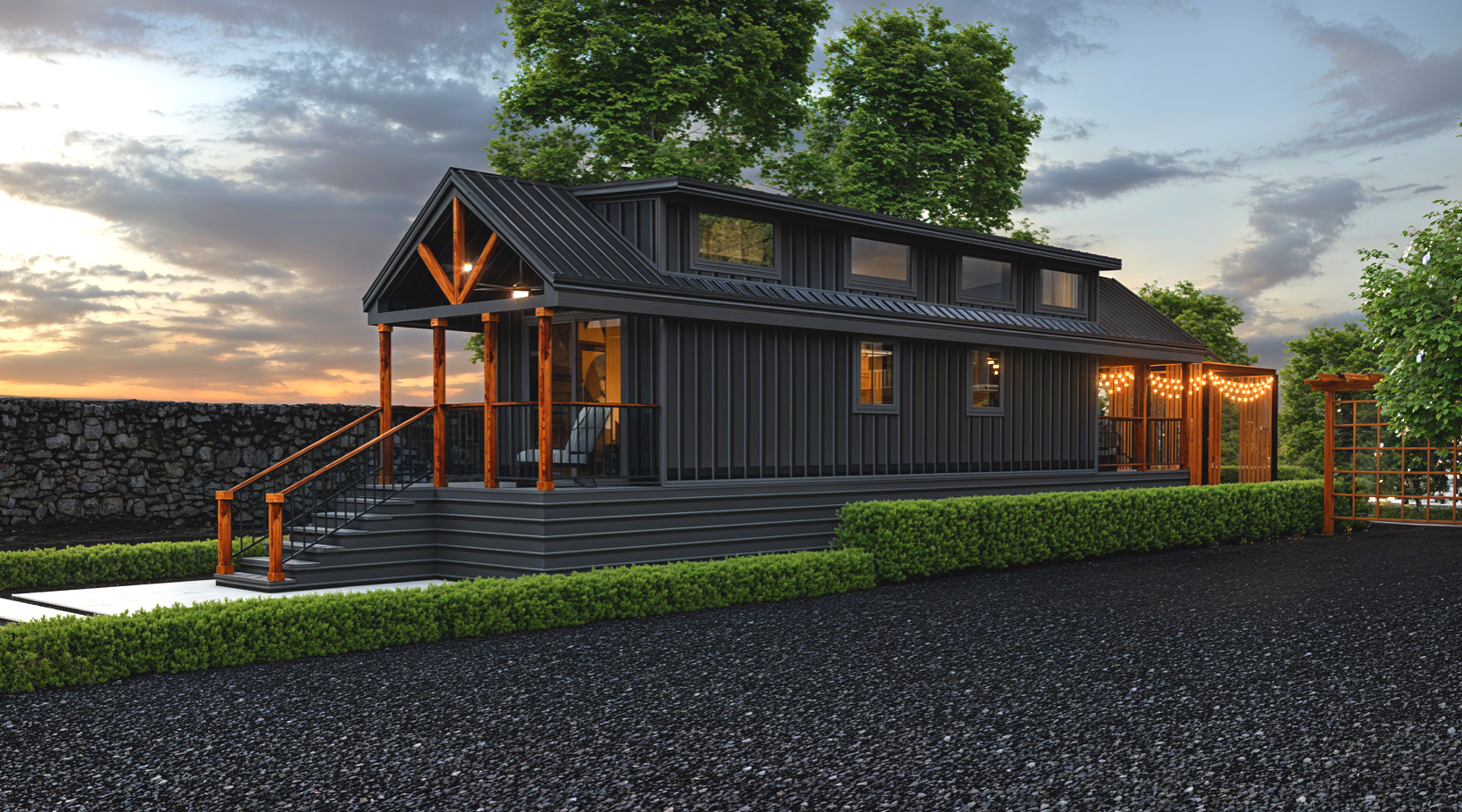 A 3d rendering of a black house with a porch and stairs.
