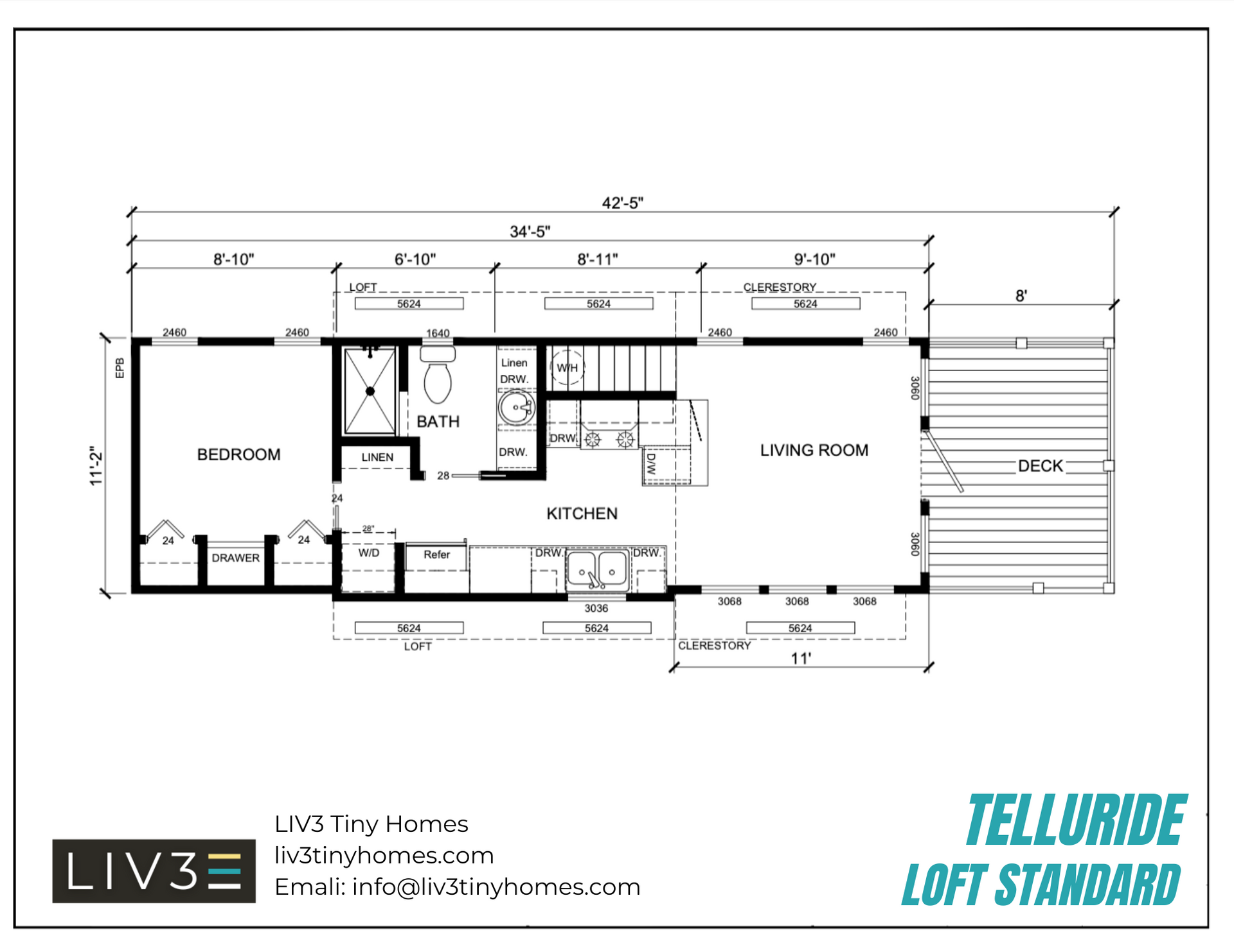 Floor plan of a tiny home, titled "Telluride Loft Standard", with labeled rooms and dimensions.