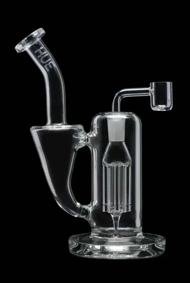 Clear glass smoking pipe with curved mouthpiece and side chamber on a black background
