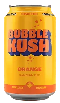 Orange Bubble Kush soda can with 10mg THC branding.
