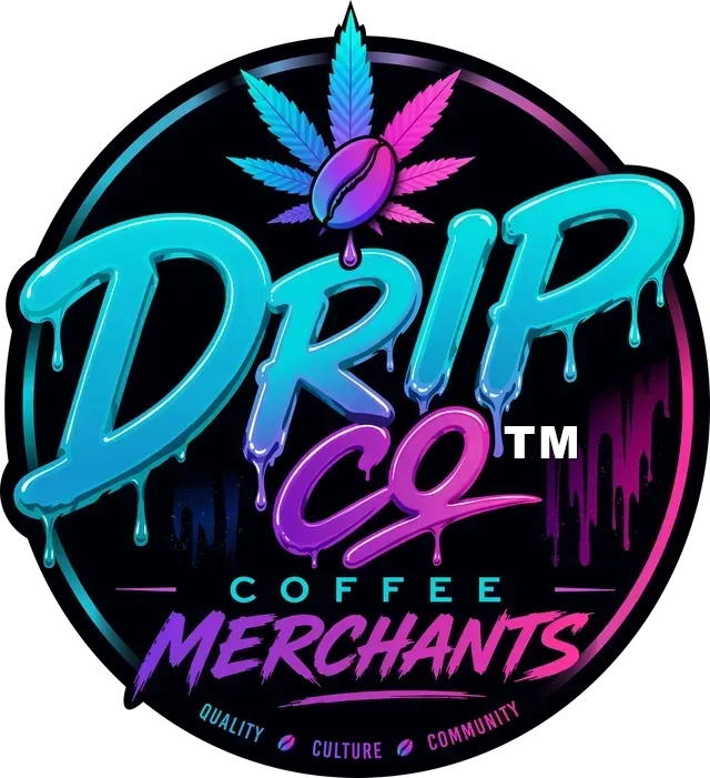 Colorful Drip Coffee Merchants logo with neon cyan and magenta lettering on a black circular background