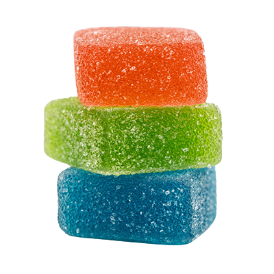 Three stacked sugar-coated gummy candies in orange, green, and blue on a white background
