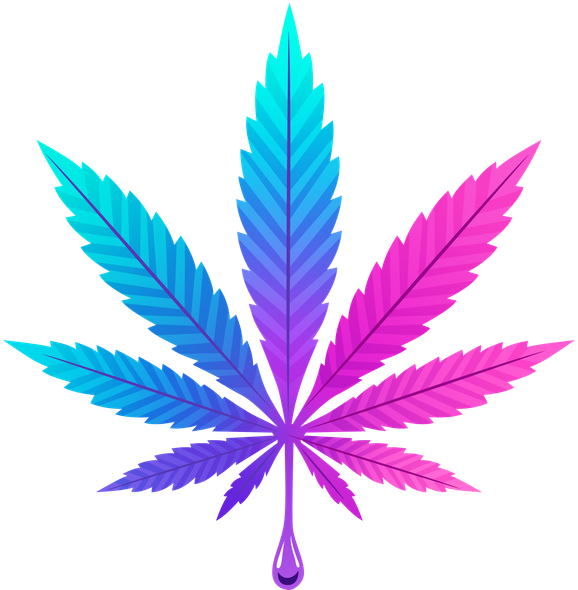 Rainbow-colored cannabis leaf with a small purple droplet beneath it on a white background