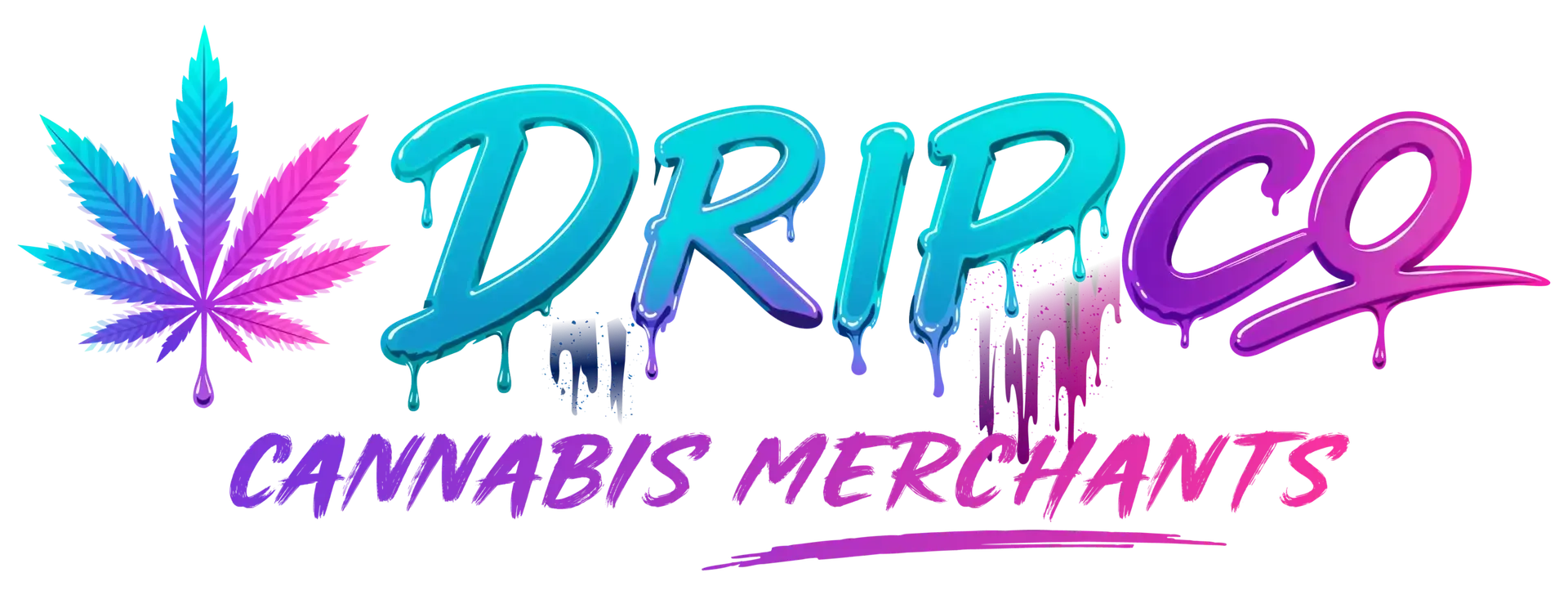 Dripz Cannabis Merchants logo with pink-purple cannabis leaf and teal-purple lettering