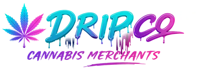 Dripz Cannabis Merchants logo with pink-purple cannabis leaf and teal-purple lettering